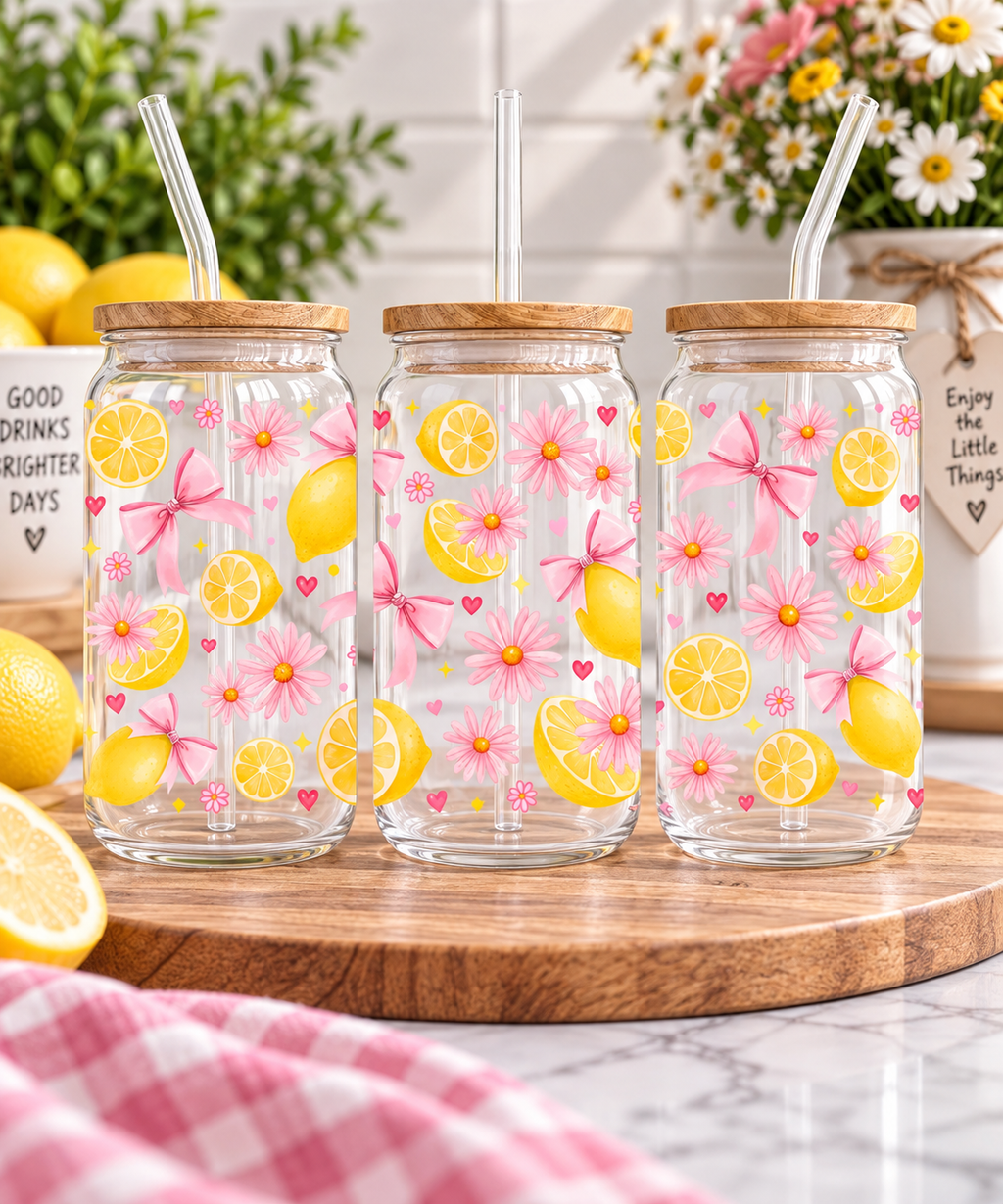 Lemon & Pink Bow 16oz Glass Tumbler with bamboo lid and straw