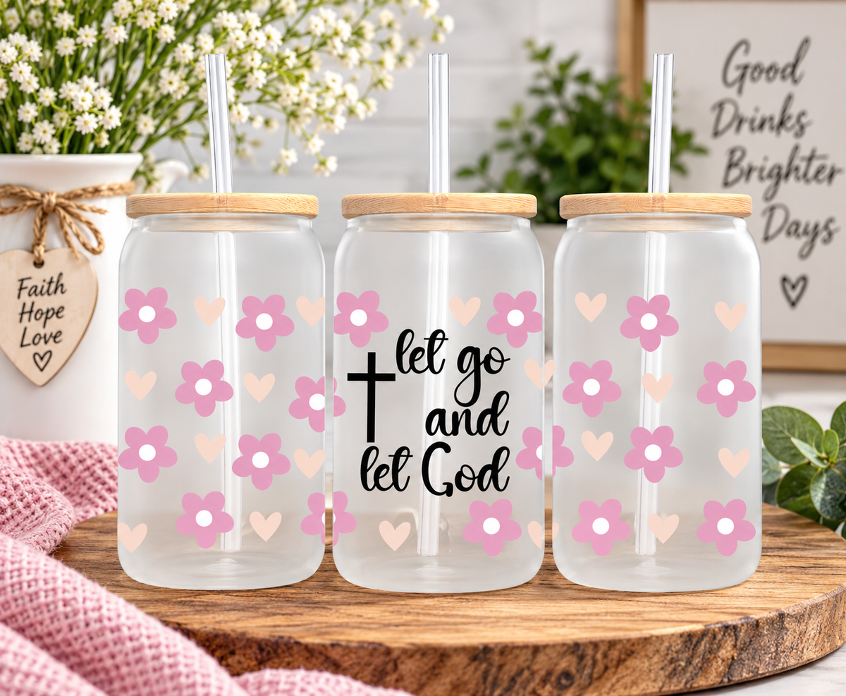 Let Go & Let God Floral Christian 16oz Glass Tumbler with Bamboo Lid & Straw