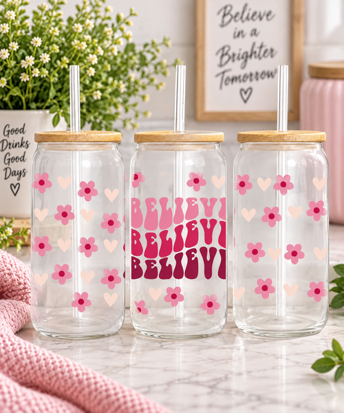 Believe 16oz Floral Glass Tumbler – Pink & Cream Design with Bamboo Lid and Straw