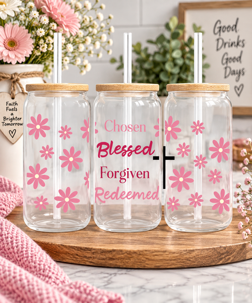 Chosen, Blessed, Forgiven & Redeemed 16oz Glass Tumbler with bamboo lid and straw