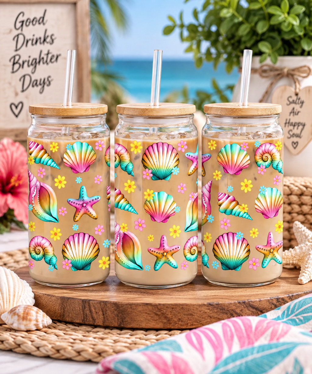 Coastal Shells & Starfish 16oz Glass Tumbler with bamboo lid and straw