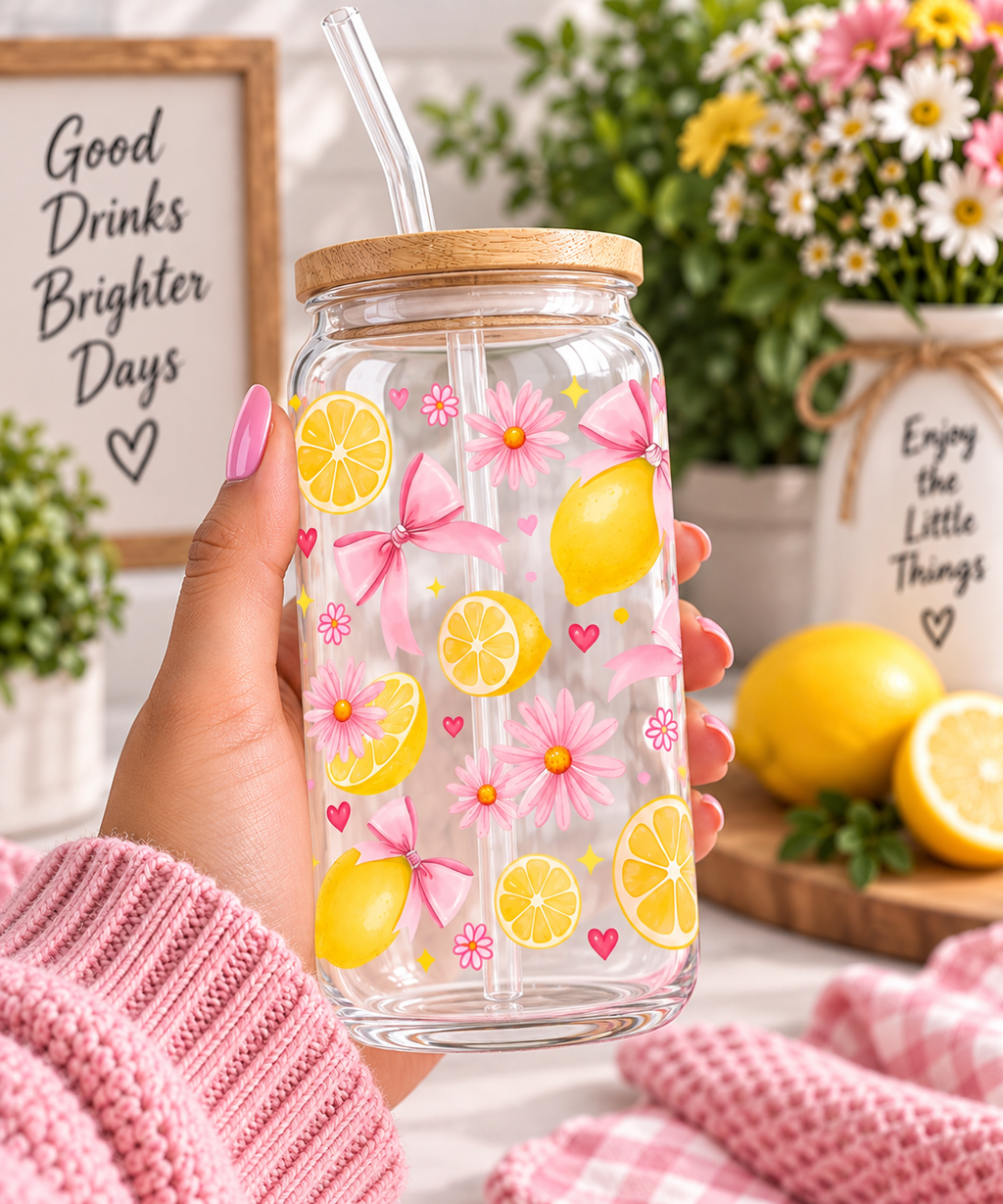 Lemon & Pink Bow 16oz Glass Tumbler with bamboo lid and straw