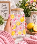 Lemon & Pink Bow 16oz Glass Tumbler with bamboo lid and straw