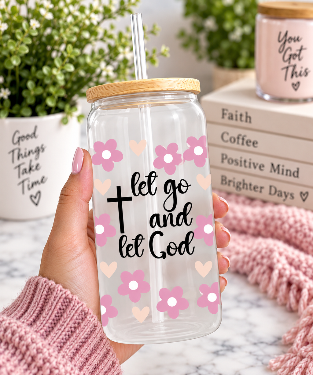 Let Go & Let God Floral Christian 16oz Glass Tumbler with Bamboo Lid & Straw