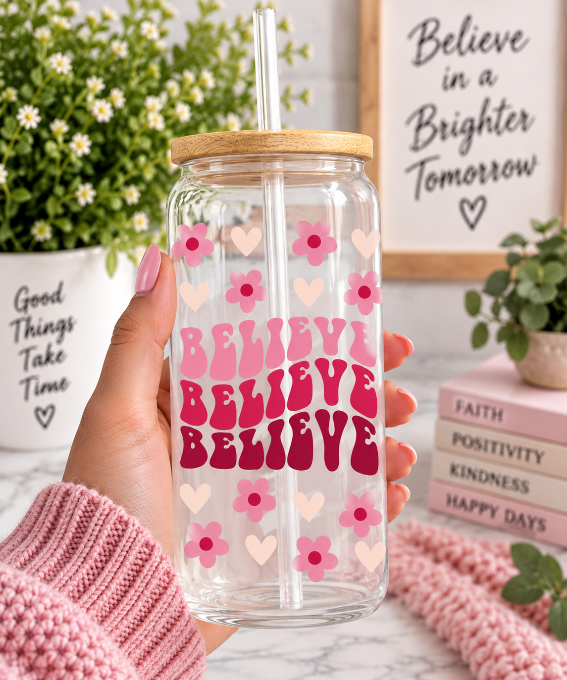 Believe 16oz Floral Glass Tumbler – Pink & Cream Design with Bamboo Lid and Straw