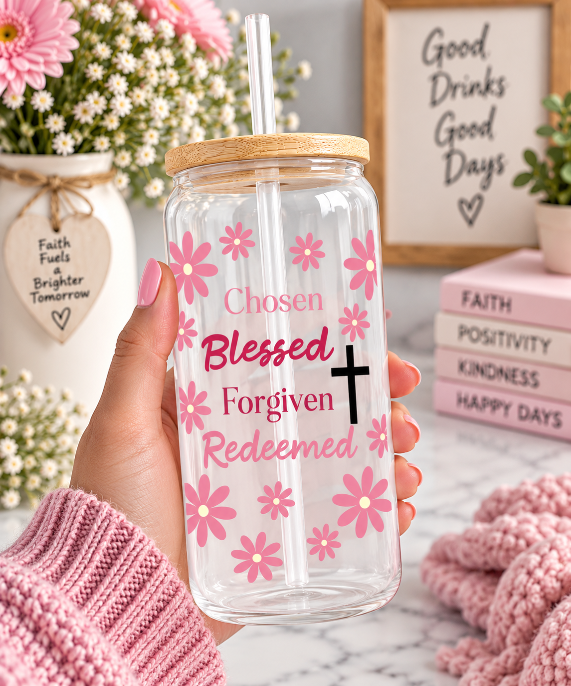 Chosen, Blessed, Forgiven & Redeemed 16oz Glass Tumbler with bamboo lid and straw