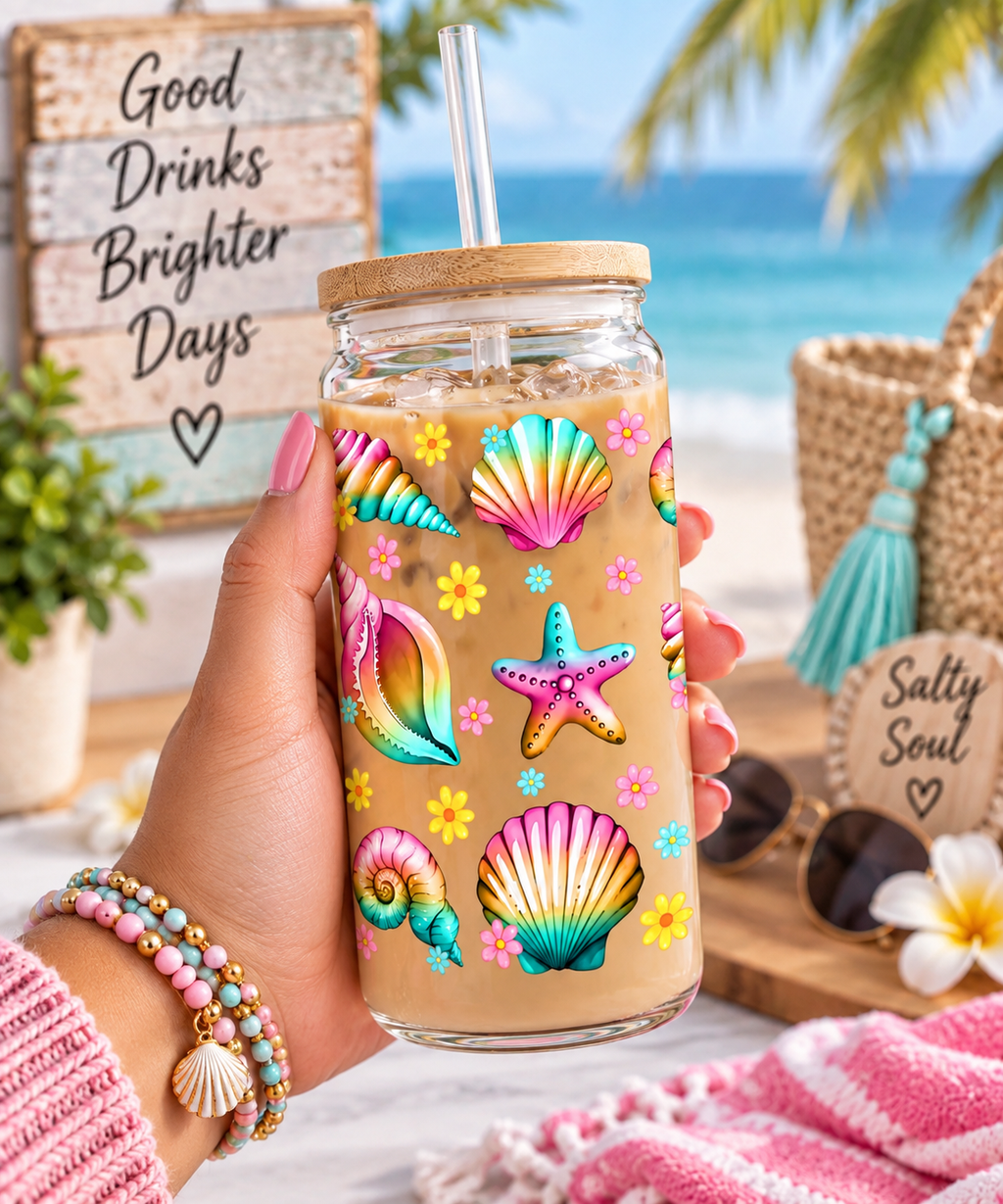 Coastal Shells & Starfish 16oz Glass Tumbler with bamboo lid and straw