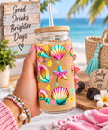 Coastal Shells & Starfish 16oz Glass Tumbler with bamboo lid and straw