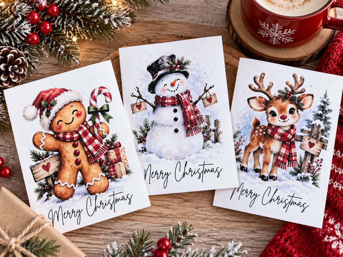 Mini Merry Christmas Watercolor Greeting Cards – Gingerbread, Snowman & Reindeer