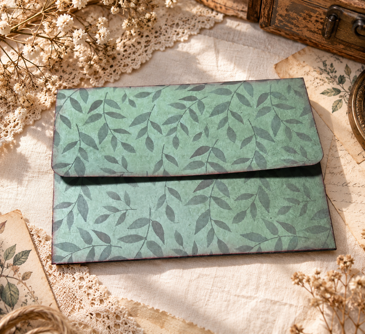 Vintage Green Leaf Ephemera Wallet